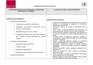 Facultad de Educación de Toledo
4. COMPETENCIAS DE LA TITULACIÓN QUE LA ASIGNATURA
CONTRIBUYE A ALCANZAR

5. OBJETIVOS O RESULTADOS ESPERADOS

COMPETENCIAS GENERALES:

OBJETIVOS RELACIONADOS:

Competencias instrumentales.
1. Capacidad de organización y planificación.
2. Habilidades

comunicativas

(comunicación

oral

y

escrita en el idioma propio).
3. Habilidades básicas en el uso de redes.
4. Habilidades de gestión de la información (capacidad
para recuperar y analizar información de diversas
fuentes).
Competencias Interpersonales.
1. Capacidad de crítica y autocrítica.
2. Trabajo en equipo
3. Habilidades interpersonales.
4. Compromiso ético (aplicación de valores asumidos).
Competencias Sistémicas.

Analizar las posibilidades y limitaciones que ofrecen las redes
sociales en el desarrollo de proyectos de enseñanzaaprendizaje a través de TIC.
Conocer las redes y los recursos fundamentales para la
docencia.
Crear, utilizar e integrar redes-entornos personales de
aprendizaje para el desarrollo personal y futuro profesional.
Poner en práctica modelos de aprendizaje para aprender de
los entornos creados por los demás (todos aprendemos con
todos).
Fomentar hábitos de indagación, observación, reflexión y
autoevaluación, que permitan profundizar en el conocimiento
y aprender a aprender.
Analizar y desarrollar diferentes modelos de enseñanza
virtual y aprendizaje digital con el uso de redes sociales.
Desempeñar trabajos de equipo con actitud solidaria,
participativa y comprometida hacia la construcción social del
aprendizaje.
Diseñar y desarrollar modelos pedagógicos basados en la
educación 2.0
Utilizar los recursos TIC para la gestión de estrategias
educativas en Red.
Poner en práctica un modelo de comunidad de aprendizaje
en red relacionado con la vida escolar.
Realizar estudios de caso sobre diferentes redes sociales
aplicadas a diferentes situaciones educativas.

3

 