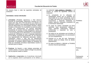 Facultad de Educación de Toledo
Se propone llevar a cabo las siguientes actividades de
evaluación:
Actividades o tareas individuales:
1. e-Portafolio (Portafolio electrónico) o PLE (Entorno
Personal de Aprendizaje). Elaboración individual de una
página web, blog, wiki o PLE del alumno con relación a lo
aprendido y abierto a otros apartados educativos de interés
personal relacionados con Comunidades Virtuales y Redes
Sociales en Educación. En el portafolio los alumnos podrán
ilustrar sus contribuciones con lecturas adicionales
procedentes de fuentes diversas (bibliografía, medios de
comunicación, entrevistas a profesionales de la educación
y de las tecnologías de la información y la comunicación),
experiencias, actividades de aula y materiales elaborados
en los talleres, aportaciones personales, etc. Se valorarán
muy especialmente las reflexiones personales, análisis,
comentarios críticos y todo tipo de aportaciones
personales, así como la originalidad del trabajo y las ideas
generadas. El portafolio debería reflejar los resultados de
todas las actividades formativas desarrolladas durante el
semestre para la materia.

La evaluación será continua y formativa y se
tendrán en cuenta los siguientes criterios de
evaluación:
a) Es competente en la utilización de
metodologías activas que le posibilitan ser
responsable de su propio aprendizaje, asume
un papel más activo en la construcción de su
conocimiento y desarrolla habilidades de Portafolios:
análisis, selección, búsqueda y evaluación de 30%
la información relacionada.
b) Es capaz de realizar actividades de forma
autónoma, tener pensamiento reflexivo y
crítico, actitudes colaborativas, destrezas
profesionales y capacidad de auto y
coevaluación.
c) Se implica en las actividades que le facilitan el
intercambio de experiencias y la comunicación
con sus compañeros/as.
d) Participa en la vida del aula, Seminarios,
tutorías, grupos de trabajo, foros de debate,
Departamento, …
e) Es capaz de elaborar y defender su Portafolio
(recurso virtual de aprendizaje).

2. Prácticas: Se llevarán a cabo trabajos personales de
carácter práctico. El alumno deberá entregar las prácticas
que se proponen desde la materia.

Prácticas

3. Implicación y compromiso con el aprendizaje relacionado

Participación
implicación:

con la asignatura desde la participación en los debates y

30%

e

6

 