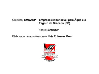 Créditos:  EMDAEP –   Empresa responsável pela Água e o  Esgoto de Dracena (SP) Fonte:  SABESP Elaborado pela professora –  Nair R. Neves Boni 