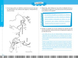 82
Prohibida
su
reproducción
por
cualquier
medio
sin
permiso
explícito
de
la
editorial.
Recursos
para
la
evaluación
solucionario
1. En el mapa, pinta con distintos colores las zonas en las que
se desarrollaron las civilizaciones egipcia, mesopotámica,
china e hindú.
http://goo.gl/OGKFFg
Las orillas de los ríos son tierras fértiles idóneas para el
desarrollo de la agricultura. En la medida que se desa-
rrolla la agricultura y se producen excedentes, es posible
el comercio.
Tanto la agricultura como el comercio fueron las princi-
pales actividades económicas de las antiguas civiliza-
ciones. Por tanto, los ríos, que también sirvieron de vías
de comunicación, permitieron el nacimiento y desarrollo
de las civilizaciones.
2. Responde: ¿Qué diferencia hay entre el alfabeto fenicio y
los jeroglíficos egipcios? ¿Cuál de las dos formas de escritu-
ra se parece a la nuestra?
3. Escribe un párrafo en el que analices las razones por las
que las grandes civilizaciones de la Antigüedad surgieron a
la orilla de los ríos.
________________________________________________________________
________________________________________________________________
________________________________________________________________
________________________________________________________________
________________________________________________________________
________________________________________________________________
________________________________________________________________
________________________________________________________________
________________________________________________________________
________________________________________________________
________________________________________________________
________________________________________________________
________________________________________________________
________________________________________________________
La escritura jeroglífica se basaba en símbolos
que expresaban una idea, mientras el alfabeto
fenicio estaba compuesto por letras con pro-
nunciación que unidas conforman palabras.
Nuestra escritura se parece a la fenicia.
 