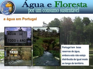 a água em PortugalCerca de metade da fronteira de Portugal confina com o mar; existem rios internacionais e nacionais de importância reconhecida; as águas subterrâneas constituem reservas de água que devem ser preservadas da poluição.
