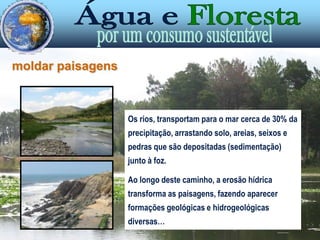 moldar paisagensOs rios, transportam para o mar cerca de 30% da precipitação, arrastando solo, areias, seixos e pedras que são depositadas (sedimentação) junto à foz. Ao longo deste caminho, a erosão hídrica transforma as paisagens, fazendo aparecer formações geológicas e hidrogeológicas diversas…