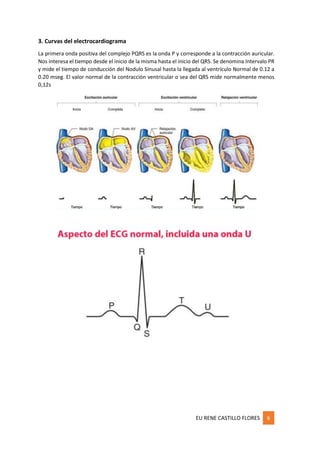 EU RENE CASTILLO FLORES 6
3. Curvas del electrocardiograma
La primera onda positiva del complejo PQRS es la onda P y corresponde a la contracción auricular.
Nos interesa el tiempo desde el inicio de la misma hasta el inicio del QRS. Se denomina Intervalo PR
y mide el tiempo de conducción del Nodulo Sinusal hasta la llegada al ventrículo Normal de 0.12 a
0.20 mseg. El valor normal de la contracción ventricular o sea del QRS mide normalmente menos
0,12s
 