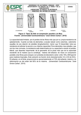 UNIVERSIDAD DE LAS FUERZAS ARMADAS – ESPE
DEPARTAMENTO DE CIENCIAS DE LA TIERRA Y DE LA
CONSTRUCCIÓN
LABORATORIO DE ENSAYO DE MATERIALES
CÒDIGO:
REGISTROS DEL SISTEMA DE CALIDAD
Figura 2: Tipos de falla en compresión paralela a la fibra.
Fuente - (Universidad Centroaméricana "José Simón Cañas", 2015)
La capacidad está limitada por el pandeo de las fibras más que por su propia resistencia de
aplastamiento. Cuando se trata de elementos a escala natural como columnas, solamente
aquellas de una relación de esbeltez (longitud/ancho) menor que 10 desarrollan toda sus
resistencia al esforzar la sección a su máxima capacidad. Para elementos mas esbeltos, que
son los mas comunes, la resistencia está determinada por su capacidad a resistir el pandeo
lateral, que depende mayormente de la geometría de la pieza más que de la capacidad
resistente de la madera que la constituye. Valores del esfuerzo de rotura en compresión
paralela a las fibras para ensayos con probetas de laboratorio varían entre 100 y 900 kg/cm2
para maderas tropicales, Esta variación es función de la densidad (entre 0.2 y 0.8 de D.B.).
El esfuerzo en el límite proporcional es aproximadamente el 75% del esfuerzo máximo y la
deformación es del orden del 60% de la máxima. (Universidad Centroaméricana "José
Simón Cañas", 2015)
 