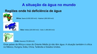 A situação da água no mundo
Regiões onde há deficiência de água
África: Saara (9.000.000 km2) - Kalahari (260.000 km2)
Ásia: Arábia (225.500 km2) - Gobi (1.295.000 km2)
Chile: Atacama (78.268 km2)
Onze países da África e nove do Oriente Médio já não têm água. A situação também é crítica
no México, Hungria, Índia, China, Tailândia e Estados Unidos.
 