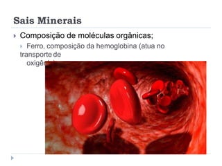 Sais Minerais
 Composição de moléculas orgânicas;
 Ferro, composição da hemoglobina (atua no
transporte de
oxigênio).
 