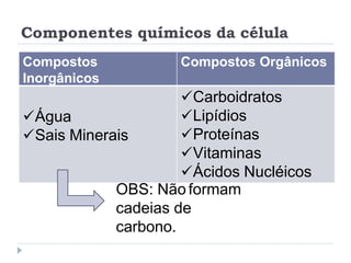 Componentes químicos da célula
Compostos
Inorgânicos
Compostos Orgânicos
Água
Sais Minerais
Carboidratos
Lipídios
Proteínas
Vitaminas
Ácidos Nucléicos
OBS: Não formam
cadeias de
carbono.
 