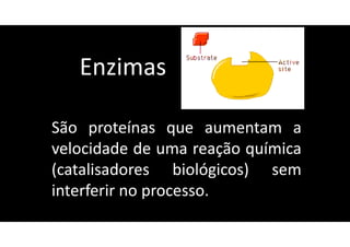 Enzimas
São proteínas que aumentam a
velocidade de uma reação química
(catalisadores biológicos) sem
interferir no processo.
 