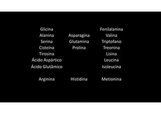 Glicina Fenilalanina
Alanina Asparagina Valina
Serina Glutamina Triptofano
Cisteína Prolina Treonina
Tirosina Lisina
Ácido Aspártico Leucina
Ácido Glutâmico Isoleucina
Arginina Histidina Metionina
 