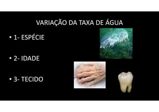 VARIAÇÃO DA TAXA DE ÁGUA
• 1- ESPÉCIE
• 2- IDADE
• 3- TECIDO
 