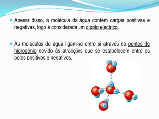 Apesar disso, a molécula da água contem cargas positivas e negativas, logo é considerada um dipolo eléctrico.As moléculas de água ligam-se entre si através de pontes de hidrogénio devido às atracções que se estabelecem entre os polos positivos e negativos.