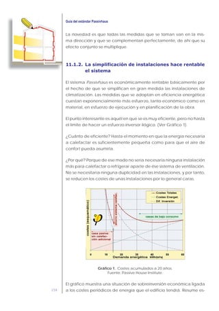 158
La novedad es que todas las medidas que se toman van en la mis-
ma dirección y que se complementan perfectamente, de ahí que su
efecto conjunto se multiplique.
11.1.2. La simplificación de instalaciones hace rentable
el sistema
El sistema Passivhaus es económicamente rentable básicamente por
el hecho de que se simplifican en gran medida las instalaciones de
climatización. Las medidas que se adoptan en eficiencia energética
cuestan exponencialmente más esfuerzo, tanto económico como en
material, en esfuerzo de ejecución y en planificación de la obra.
El punto interesante es aquél en que se es muy eficiente, pero no hasta
el límite de hacer un esfuerzo inversor ilógico. (Ver Gráfico 1).
¿Cuánto de eficiente? Hasta el momento en que la energía necesaria
a calefactar es suficientemente pequeña como para que el aire de
confort pueda asumirla.
¿Por qué? Porque de ese modo no sería necesaria ninguna instalación
más para calefactar o refrigerar aparte de ése sistema de ventilación.
No se necesitaría ninguna duplicidad en las instalaciones, y por tanto,
se reducen los costes de unas instalaciones por lo general caras.
Gráfico 1. Costes acumulados a 20 años.
Fuente: Passive House Institute.
El gráfico muestra una situación de sobreinversión económica ligada
a los costes periódicos de energía que el edificio tendrá. Resume es-
 