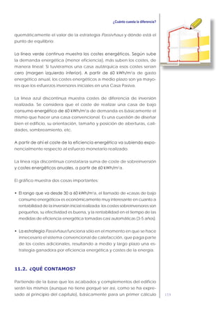 159
quemáticamente el valor de la estrategia Passivhaus y dónde está el
punto de equilibrio:
la demanda energética (menor eficiencia), más suben los costes, de
manera lineal: Si tuviéramos una casa autárquica esos costes serían
2
a de gasto
energético anual, los costes energéticos a medio plazo son ya mayo-
res que los esfuerzos inversores iniciales en una Casa Pasiva.
La línea azul discontinua muestra costes de diferencia de inversión
realizada. Se considera que el coste de realizar una casa de bajo
2
a de demanda es básicamente el
mismo que hacer una casa convencional. Es una cuestión de diseñar
bien el edificio, su orientación, tamaño y posición de aberturas, cali-
dades, sombreamiento, etc.
-
nencialmente respecto al esfuerzo monetario realizado.
La línea roja discontinua constataría suma de coste de sobreinversión
2
a.
El gráfico muestra dos cosas importantes:
2
a, el llamado de «casas de bajo
consumo energético» es económicamente muy interesante en cuanto a
rentabilidad de la inversión inicial realizada: los costes sobreinversores son
pequeños, su efectividad es buena, y la rentabilidad en el tiempo de las
medidas de eficiencia energética tomadas casi automáticas (3-5 años).
Passivhaus funciona sólo en el momento en que se hace
innecesario el sistema convencional de calefacción, que paga parte
de los costes adicionales, resultando a medio y largo plazo una es-
trategia ganadora por eficiencia energética y costes de la energía.
11.2. ¿QUÉ CONTAMOS?
Partiendo de la base que los acabados y complementos del edificio
serán los mismos (aunque no tiene porqué ser así, como se ha expre-
sado al principio del capítulo), básicamente para un primer cálculo
 