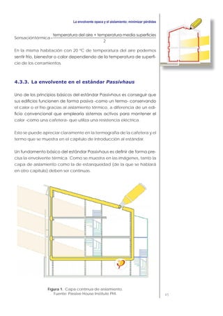 45
Sensacióntérmica=
2
En la misma habitación con 20 ºC de temperatura del aire podemos
-
cie de los cerramientos.
4.3.3. La envolvente en el estándar Passivhaus
el calor o el frío gracias al aislamiento térmico, a diferencia de un edi-
calor -como una cafetera- que utiliza una resistencia eléctrica.
Esto se puede apreciar claramente en la termografía de la cafetera y el
termo que se muestra en el capítulo de introducción al estándar.
-
cisa la envolvente térmica. Como se muestra en las imágenes, tanto la
capa de aislamiento como la de estanqueidad (de la que se hablará
en otro capítulo) deben ser continuas.
Figura 1. Capa continua de aislamiento.
Fuente: Passive House Institute PHI.
 