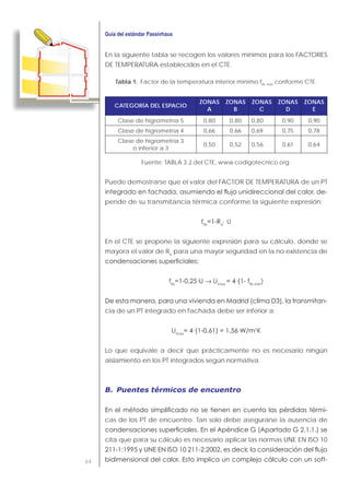 64
En la siguiente tabla se recogen los valores mínimos para los FACTORES
DE TEMPERATURA establecidos en el CTE.
Tabla 1. Factor de la temperatura interior mínimo fRs min
conforme CTE.
CATEGORÍA DEL ESPACIO
ZONAS
A
ZONAS
B
ZONAS
C
ZONAS
D
ZONAS
E
Clase de higrometría 5 0,80 0,80 0,80 0,90 0,90
Clase de higrometría 4 0,66 0,66 0,69 0,75 0,78
Clase de higrometría 3
o inferior a 3
0,50 0,52 0,56 0,61 0,64
Fuente: TABLA 3.2 del CTE, www.codigotecnico.org.
Puede demostrarse que el valor del FACTOR DE TEMPERATURA de un PT
pende de su transmitancia térmica conforme la siguiente expresión:
fRs si
· U
En el CTE se propone la siguiente expresión para su cálculo, donde se
mayora el valor de Rsi
para una mayor seguridad en la no existencia de
fRs
→ Umax Rs min
)
cia de un PT integrado en fachada debe ser inferior a:
Umax
2
K
Lo que equivale a decir que prácticamente no es necesario ningún
aislamiento en los PT integrados según normativa.
B. Puentes térmicos de encuentro
cas de los PT de encuentro. Tan solo debe asegurarse la ausencia de
cita que para su cálculo es necesario aplicar las normas UNE EN ISO 10
 