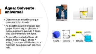 Água: Solvente
universal
• Dissolve mais substâncias que
qualquer outro líquido
• As substâncias hidrofóbicas (do
grego, hidro = água, phobos =
medo) possuem aversão à água.
elas são insolúveis em água.
• As substâncias hidrofílicas (do
grego, hidro = água, philos =
amigo) possuem afinidade com a
molécula de água e são solúveis
nela.
 