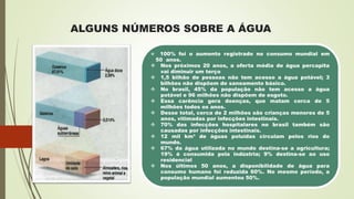 ALGUNS NÚMEROS SOBRE A ÁGUA
 100% foi o aumento registrado no consumo mundial em
50 anos.
 Nos próximos 20 anos, a oferta média de água percapita
vai diminuir um terço
 1,5 bilhão de pessoas não tem acesso a água potável; 3
bilhões não dispõem de saneamento básico.
 No brasil, 45% da população não tem acesso a água
potável e 96 milhões não dispõem de esgoto.
 Essa carência gera doenças, que matam cerca de 5
milhões todos os anos.
 Desse total, cerca de 2 milhões são crianças menores de 5
anos, vitimadas por infecções intestinais.
 70% das infecções hospitalares no brasil também são
causadas por infecções intestinais.
 12 mil km³ de águas poluídas circulam pelos rios do
mundo.
 67% da água utilizada no mundo destina-se a agricultura;
19% é consumida pela indústria; 9% destina-se ao uso
residencial
 Nos últimos 50 anos, a disponibilidade de água para
consumo humano foi reduzida 60%. No mesmo período, a
população mundial aumentou 50%.
 