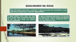 QUALIDADES DA ÁGUA
Nem toda água serve para o consumo. A água que pode ser consumida é a que
está livre de impurezas é chamada água potável.
A água potável está cada vez mais
rara, porem ainda é possível encontra-
la em rios que ficam em lugares
poucos habitados.
A água contaminada geralmente está próxima
as cidades onde resíduos químicos despejados
nos rios poluem a agua e prejudicam todos os
seres que habitam os rios.
 