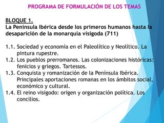 PROGRAMA DE FORMULACIÓN DE LOS TEMAS
BLOQUE 1.
La Península Ibérica desde los primeros humanos hasta la
desaparición de la monarquía visigoda (711)
1.1. Sociedad y economía en el Paleolítico y Neolítico. La
pintura rupestre.
1.2. Los pueblos prerromanos. Las colonizaciones históricas:
fenicios y griegos. Tartessos.
1.3. Conquista y romanización de la Península Ibérica.
Principales aportaciones romanas en los ámbitos social,
económico y cultural.
1.4. El reino visigodo: origen y organización política. Los
concilios.
 