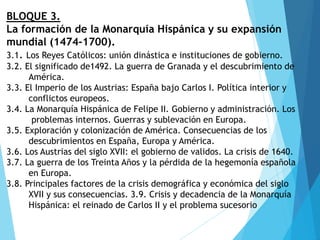 BLOQUE 3.
La formación de la Monarquía Hispánica y su expansión
mundial (1474-1700).
3.1. Los Reyes Católicos: unión dinástica e instituciones de gobierno.
3.2. El significado de1492. La guerra de Granada y el descubrimiento de
América.
3.3. El Imperio de los Austrias: España bajo Carlos I. Política interior y
conflictos europeos.
3.4. La Monarquía Hispánica de Felipe II. Gobierno y administración. Los
problemas internos. Guerras y sublevación en Europa.
3.5. Exploración y colonización de América. Consecuencias de los
descubrimientos en España, Europa y América.
3.6. Los Austrias del siglo XVII: el gobierno de validos. La crisis de 1640.
3.7. La guerra de los Treinta Años y la pérdida de la hegemonía española
en Europa.
3.8. Principales factores de la crisis demográfica y económica del siglo
XVII y sus consecuencias. 3.9. Crisis y decadencia de la Monarquía
Hispánica: el reinado de Carlos II y el problema sucesorio
 