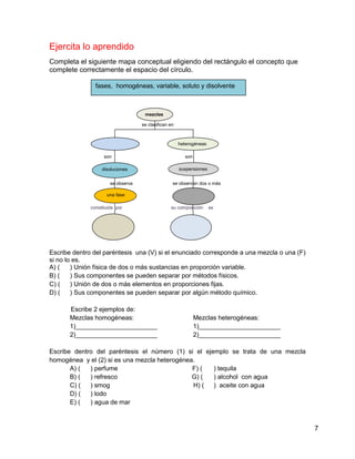 Ejercita lo aprendido
Completa el siguiente mapa conceptual eligiendo del rectángulo el concepto que
complete correctamente el espacio del círculo.

                fases, homogéneas, variable, soluto y disolvente



                                     mezclas

                                    se clasifican en



                                                       heterogéneas

                    son                                  son

                   disoluciones                        suspensiones


                       se observa                  se observan dos o más

                     una fase

              constituida por                     su composición      es




Escribe dentro del paréntesis una (V) si el enunciado corresponde a una mezcla o una (F)
si no lo es.
A) (    ) Unión física de dos o más sustancias en proporción variable.
B) (    ) Sus componentes se pueden separar por métodos físicos.
C) (    ) Unión de dos o más elementos en proporciones fijas.
D) (    ) Sus componentes se pueden separar por algún método químico.

       Escribe 2 ejemplos de:
       Mezclas homogéneas:                                     Mezclas heterogéneas:
       1)_______________________                               1)_______________________
       2)_______________________                               2)_______________________

Escribe dentro del paréntesis el número (1) si el ejemplo se trata de una mezcla
homogénea y el (2) si es una mezcla heterogénea.
       A) (  ) perfume                         F) (  ) tequila
       B) (  ) refresco                        G) (  ) alcohol con agua
       C) (  ) smog                            H) (  ) aceite con agua
       D) (  ) lodo
       E) (  ) agua de mar



                                                                                           7
 