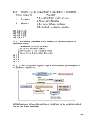 57. (      ) Relaciona el tipo de compuesto con la propiedad que le corresponde.
     Tipo de compuesto                      Propiedad
                                A. Generalmente son solubles en agua
     I.       Inorgánico
                                B. Muchos son inflamables
     II.      Orgánico          C. Sus puntos de fusión son bajos
                                D. En disolución son buenos electrolitos

a) I: C,D,   II: A,B
b) I: A,D,   II: B,C
c) I: A.C,   II: B,D
d) I: B,D,   II A,C

58. ( ) Al quemarse una vela se realiza una reacción de combustión que se
caracteriza porque:
         1. la vela sufre un cambio de estado
        2. se produce dióxido de carbono
        3. el material de la vela es el comburente
        4. es una fuente de generación de energía
a)   1, 2
b)   2, 4
c)   3, 4
d)   1, 3

59. ( ) Analiza el siguiente diagrama, elige el inciso del tema que corresponda a
los conceptos relacionados.




a) Clasificación de compuestos orgánicos e inorgánicos por su comportamiento al
quemar este tipo de sustancias.



                                                                                    150
 