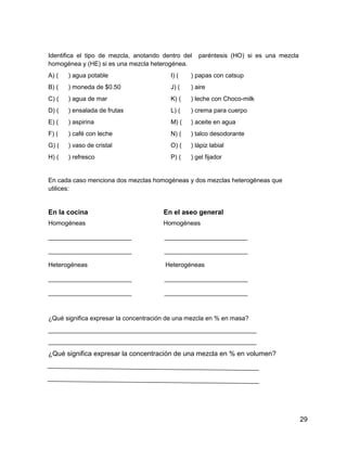 Identifica el tipo de mezcla, anotando dentro del   paréntesis (HO) si es una mezcla
homogénea y (HE) si es una mezcla heterogénea.
A) (   ) agua potable                    I) (   ) papas con catsup
B) (   ) moneda de $0.50                 J) (   ) aire
C) (   ) agua de mar                     K) (   ) leche con Choco-milk
D) (   ) ensalada de frutas              L) (   ) crema para cuerpo
E) (   ) aspirina                        M) (   ) aceite en agua
F) (   ) café con leche                  N) (   ) talco desodorante
G) (   ) vaso de cristal                 O) (   ) lápiz labial
H) (   ) refresco                        P) (   ) gel fijador


En cada caso menciona dos mezclas homogéneas y dos mezclas heterogéneas que
utilices:


En la cocina                           En el aseo general
Homogéneas                             Homogéneas

________________________               ________________________

________________________               ________________________

Heterogéneas                           Heterogéneas

________________________               ________________________

________________________               ________________________



¿Qué significa expresar la concentración de una mezcla en % en masa?
____________________________________________________________
____________________________________________________________
¿Qué significa expresar la concentración de una mezcla en % en volumen?




                                                                                       29
 