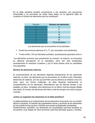 En la tabla periódica también encontramos a los periodos, son secuencias
horizontales y se enumeran de arriba hacia abajo, en la siguiente tabla se
muestran el número de elementos que los constituyen.



                       Periodo              Número de elementos
                          1                           2
                          2                           8
                          3                           8
                          4                           18
                          5                           18
                          6                           32
                          7                    19 (incompleto)

                  Los elementos que se encuentran en los periodos:

      6 entre los números atómicos 57 y 71, son conocidos como lantánidos.

      7 entre el 89 y 103 son llamados actínidos, químicamente parecidos entre sí

 Los elementos químicos que actualmente se conocen, la mayoría se encuentra
en diferente abundancia en la naturaleza, otros han sido sintetizados
recientemente en reactores nucleares, y por lo tanto existen otras en cantidades
muy pequeñas.

Número de electrones externos

El comportamiento de los elementos depende directamente de los electrones
externos, es decir, los electrones que se encuentran en el último nivel o llamados
electrones de valencia, son los que permiten que los átomos se enlacen unos con
otros, para, así formar moléculas, de ellos depende directamente el
comportamiento de los elementos. Recordemos que los átomos tienden a ser
estables, es decir, completar ocho electrones en su último nivel de energía (Regla
del octeto). El número de electrones del último nivel de energía nos indica el grupo
o familia.

¿Cómo se organizan los elementos en la tabla periódica?

La tabla periódica es el ordenamiento de los elementos de acuerdo con su número
atómico creciente. Al estudiar las propiedades físicas y químicas de los elementos
se han podido formar grupos o familias que poseen propiedades semejantes.
Ordenamientos verticales: Los elementos con propiedades químicas similares se
encuentran unos debajo de otros formando columnas llamadas grupos o familias,



                                                                                       82
 