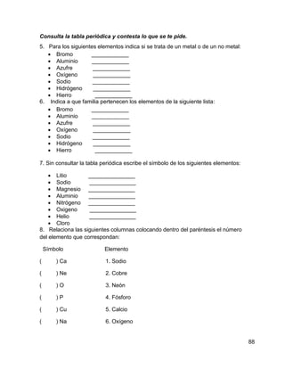 Consulta la tabla periódica y contesta lo que se te pide.
5. Para los siguientes elementos indica si se trata de un metal o de un no metal:
    Bromo          ____________
    Aluminio       ____________
    Azufre          ____________
    Oxígeno         ____________
    Sodio           ____________
    Hidrógeno       ____________
    Hierro           ____________
6. Indica a que familia pertenecen los elementos de la siguiente lista:
    Bromo          ____________
    Aluminio       ____________
    Azufre          ____________
    Oxígeno         ____________
    Sodio           ____________
    Hidrógeno       ____________
    Hierro           ____________

7. Sin consultar la tabla periódica escribe el símbolo de los siguientes elementos:

     Litio        _______________
     Sodio        _______________
     Magnesio _______________
     Aluminio     _______________
     Nitrógeno _______________
     Oxigeno      _______________
     Helio        _______________
     Cloro
8. Relaciona las siguientes columnas colocando dentro del paréntesis el número
del elemento que correspondan:

    Símbolo               Elemento

(       ) Ca               1. Sodio

(       ) Ne               2. Cobre

(       )O                 3. Neón

(       )P                 4. Fósforo

(       ) Cu               5. Calcio

(       ) Na               6. Oxígeno


                                                                                      88
 