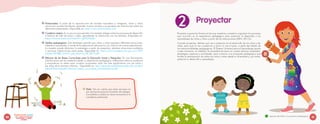 2
			Proyectar
O
O Pictosonidos: A partir de la reproducción de sonidos asociados a imágenes, niñas y niños
reconocen sonidos familiares, aprenden nuevos sonidos y se apropian de información sobre los
elementos presentados. Disponible en: https://www.pictosonidos.com/
O
O Cuaderno viajero: Es un recurso que permite a la maestra indagar sobre los procesos de desarrollo
e historia de vida de niños y niñas, permitiendo la interacción con las familias. Disponible en:
https://www.youtube.com/watch?v=gEVCFeb2siI
O
O Salidas pedagógicas: Esta estrategia permite que niños y niñas expresen diferentes emociones,
saberes e inquietudes, a través de la exploración del entorno y la vivencia de nuevas experiencias.
La maestra puede dinamizar la estrategia a partir de preguntas, plantear situaciones problema
o provocar interacciones entre pares. Disponible en: https://www.mineducacion.gov.co/1759/
articles-347883_archivo_pdf_directiva_39_2014.pdf
O
O Bitácora de las Bases Curriculares para la Educación Inicial y Preescolar: Es una herramienta
práctica para que las maestras relaten su experiencia pedagógica, reflexionen sobre su quehacer
y enriquezcan su saber para construir propuestas cada vez más significativas con los niños y
las niñas de la primera infancia. Disponible en: http://aprende.colombiaaprende.edu.co/sites/
default/files/naspublic/bitacora_bases_curriculares_primerainfancia.pdf
O
O Nota: Ten en cuenta que estos recursos no
son exclusivos para el momento de indagar.
Consúltalos y úsalos en otros momentos si lo
consideras pertinente.
Proyectar supone las formas en las que maestras y maestros organizan los procesos
que ocurrirán en la experiencia pedagógica para potenciar el desarrollo y los
aprendizajes de niñas y niños a partir de las interacciones (MEN, 2017a).
Cuando proyectas, defines qué vas a potenciar en el desarrollo de los niños y las
niñas, para qué lo vas a potenciar y cómo lo vas a hacer, a partir del diseño de
las intencionalidades pedagógicas. El Diseño Universal para el Aprendizaje aporta
a este momento, al visibilizar la necesidad de tener en cuenta diversos materiales,
estrategias, espacios y actividades, para construir una propuesta pedagógica que
facilite la participación de todos los niños y niñas desde su diversidad y, por tanto,
potencie su desarrollo y aprendizaje.
40 41
juntos
Explorando
desde el Diseño Universal para
el Aprendizaje y los ajustes
razonables
Aportes del DUA a la práctica pedagógica
 