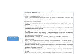 DURANTE
DIAGNÓSTICO DEL CONTEXTO DE LA IE
 Reúnase con el director para entrevistarlo sobre las características de la IE.
 Aplique la ficha de caracterización de la IE.
 Oriente el recojo de información hacia aquellos aspectos del contexto de la IE que podrían cumplir algún rol o
influenciar en la implementación del acompañamiento pedagógico.
DIAGNÓSTICO DE LA PRÁCTICA DOCENTE
 Asista puntualmente al aula para garantizar que su observación sea desde el inicio hasta el final de la sesión de
aprendizaje.
 Coordine con el docente la forma en que será presentado ante los estudiantes.
 Salude cordialmente a los estudiantes y, si fuese necesario, comente brevemente el propósito de su visita y el rol que
cumplirá mientras esté presente en el aula.
 Ubíquese en un lugar estratégico donde pueda tener una visión panorámica del aula sin interferir con el desarrollo
de la sesión.
 Observe de manera sistemática todos los eventos de la sesión, centrándose en los aspectos de cada desempeño
establecidos en las seis rúbricas de observación de aula y utilice la ficha de toma de notas o su cuaderno de campo
para registrar todas las evidencias posibles.
 Recuerde que durante la observación solo se registran las evidencias y aún no se califican los desempeños.
 Al finalizar su visita, coordine con el docente la hora y el lugar en que podrán reunirse para dialogar sobre la visita
diagnóstica realizada.
 Diríjase a un lugar distinto al aula, procese y analice las evidencias registradas en la ficha de toma de notas y,
utilizando el manual de las seis rúbricas de observación de aula, determine el nivel en el que se encuentra el
desempeño del docente observado.
 Reúnase con el docente y durante su entrevista con él, utilice la ficha de análisis de la planificación curricular para
revisar la programación anual, unidad y sesión de aprendizaje. Asimismo, pregúntele sobre otras dificultades
pedagógicas o necesidades de formación.
 Determine con el docente cuál será el espacio que emplearán para realizar el proceso de retroalimentación de las
posteriores observaciones en aula, haciendo énfasis en la importancia de que esta reunión se realice el mismo día de
las visitas.
 Registre en su cuaderno de campo toda la información brindada por el docente respecto a sus demandas formativas.
 