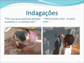 Indagações “ - Prô,  por que as pedrinhas afundam no potinho, e  os matinhos não? “ “ -Olha! Eu pinto, some... Eu pinto, some...” 