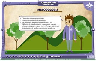 •	 Comentarios, síntesis y conclusiones.
•	 Presentación y socialización del trabajo.
•	 Discusión sobre la pregunta propuesta para el foro.
•	 Publicación de la evidencia en el espacio virtual asignado.
•	 Solicitud de apoyo al instructor para verificar que la evidencia
fue enviada acorde con los requerimientos tecnológicos.
Metodología
/4816
SENA, Centro de Gestión de Mercados, Logística y Tecnologías de la Información y la Comunicación.Todos los derechos reservados
formación por
proyectos
metodología
 