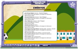 Jesús Enrique Quijano. Instructor - Diseñador Pedagógico
Centro Gestión de Mercados Logística y Tecnologías de la Información
Regional Distrito Capital
Hernando Oviedo Vera. Instructor - Asesor Pedagógico
Centro Gestión de Mercados Logística y Tecnologías de la Información
Regional Distrito Capital
Omar Valderrama. Instructor - Asesor Pedagógico
Centro de Tecnologías del Transporte,
Regional Distrito Capital
Sebastián José Bernal. Técnico
Centro Gestión de Mercados Logística y Tecnologías de la Información
Regional Distrito Capital
César Augusto Arciniegas Beltrán. Diseñador gráfico - Animador - Ilustrador
Centro Gestión de Mercados Logística y Tecnologías de la Información
Regional Distrito Capital
Elisa Amézquita Ospina. Asesor didáctico - Corrección de estilo
Centro Gestión de Mercados Logística y Tecnologías de la Información
Regional Distrito Capital
Diana Cubides. Oficina comunicaciones
Centro Gestión de Mercados logística y tecnologías de la información
Regional Distrito Capital
CRÉDITOS
/4846
SENA, Centro de Gestión de Mercados, Logística y Tecnologías de la Información y la Comunicación.Todos los derechos reservados
formación por
proyectos
CRÉDITOS
 