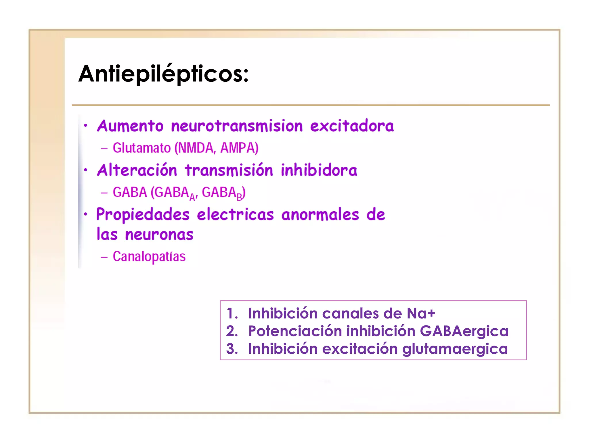 Antiepilépticos:

• nnnnnn




             1. Inhibición canales de Na+
             2. Potenciación inhibición GABAergica
             3. Inhibición excitación glutamaergica
 
