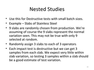 Nested Studies Use this for Destructive tests with small batch sizes. Example – Slabs of Stainless Steel 9 slabs are randomly chosen from production. We’re assuming of course the 9 slabs represent the normal variation seen. This may not be true with only 9 selected at random. Randomly assign 3 slabs to each of 3 operators Each impact test is destructive but we can get 3 samples from each slab. We expect very little within slab variation, so testing 3 samples within a slab should be a good estimate of test variation. 