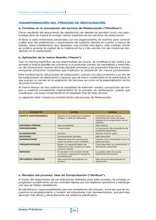 TRANSFORMACIÓN DEL PROCESO DE RESTAURACIÓN
a. Cambios en la concepción del servicio de Restauración (“Planificar”)
Como resultado del seguimiento de satisfacción de clientes se percibió como una opor-
tunidad clara de mejora el corregir ciertos aspectos de los servicios de restauración.
Al llevar a cabo entrevistas personales con los organizadores de eventos para conocer
cuales eran las preferencias y expectativas de nuestros clientes en cuanto a menús de
trabajo, estos manifestaron que deseaban una comida más ligera, más cuidada, donde
se pudiera apreciar la calidad de la materia prima y más acorde con las modernas ten-
dencias en la restauración.
b. Aplicación de la nueva filosofía (“Hacer”)
Tras un training específico de los responsables de cocina, se modificaron las cartas y se
sometió a toda la plantilla de cocineros a un profundo cambio de mentalidad y sistemáti-
ca. Se incorporaron nuevas técnicas dándole prioridad a los productos frescos e incluso
incluyendo productos novedosos que implicaron la aceptación de nuevos proveedores.
Esta transformación del proceso de restauración, supuso una clara evolución a su vez de
los subprocesos de elaboración y servicio que se vieron modificados en la sistemática, lo
que supuso un cambio en la asignación de recursos así como en la especialización de los
recursos humanos.
Al mismo tiempo se hizo patente la necesidad de extender nuestro compromiso de me-
jora a nuestros proveedores implicándolos en el proceso de restauración, puesto que
constituyen una base fundamental en el resultado final de este servicio.
La siguiente tabla muestra la transformación del proceso de Restauración:
110[ ]Casos Prácticos
Guía para una gestión basada en procesos ]
CONCEPTO
OFERTA GASTRONÓMICA
MATERIAS PRIMAS
PROVEEDORES
ELABORACIÓN
RACIONES
GUARNICIONES
PRESENTACIONES
SERVICIO
RECURSOS HUMANOS
ANTES
Basada en la tradicional hostelería
antigua, a base de salseados.
Más congelados.
Tradicionales.
Cocción.
Excesivamente grandes.
Prácticamente las mismas para
todos los platos, poco cuidadas.
Siguen un esquema básico de
distribución para la pieza principal,
verdura y fécula.
El camarero sirve al plato desde
una fuente, siguiendo el esquema
de distribución.
Más personal especializado en
servicio.
AHORA
Orientada hacia las nuevas
tendencias de cocina de autor,
basada en la conservación de los
sabores.
Más frescos.
Incorporación de proveedores de
productos especiales.
Plancha /horno/ vapor.
Más pequeñas.
Frescas y tan importantes como la
pieza principal.
Cada plato lleva su presentación y
decoración específica.
Los platos salen de cocina
totalmente terminados.
Más personal especializado en
elaboración.
c. Revisión del proceso: fase de Comprobación (“Verificar”)
A través del seguimiento de los indicadores definidos para este proceso, se produjo un
progresivo cumplimiento de los umbrales fijados por los objetivos operativos y estratégi-
cos que se habían establecido.
Se identificaron responsabilidades para los propietarios del proceso, entre las que se en-
cuentran el establecimiento y revisión de indicadores más representativos, que permitan
alcanzar más eficaz y eficientemente los objetivos planificados.
 