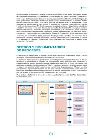 119[ ] ITP
[ Parte 2
Situar al cliente al comienzo y final de nuestras actividades, es fiel reflejo de nuestra filosofía
de búsqueda de la satisfacción del cliente, que se despliega a través de toda la Organización.
En el Mapa de Procesos se distinguen cuatro procesos clave: Planificación Estratégica, Di-
seño y Desarrollo de Nuevos Productos, Producción y Mantenimiento. El proceso de Pla-
nificación Estratégica interacciona con el resto de los procesos de ITP a la vez que consti-
tuye una de las entradas a los mismos. El resto de los procesos clave coinciden con las
tres áreas de negocio de ITP. En el mapa vigente actualmente se incluye la interrelación de
estos tres procesos con el ciclo de vida del producto, desde el diseño conceptual hasta su
retirada del servicio. Asimismo, las líneas horizontales que “atraviesan” estos procesos
productivos aclaran las diferentes casuísticas que se pueden dar en los contratos que fir-
mamos con nuestros clientes: sólo Diseño, Diseño & Producción & Mantenimiento, etc.
Asimismo, se han definido ocho procesos de apoyo como soporte a los procesos clave:
Gestión de Personas, Gestión Financiera, Gestión de Proveedores, Gestión de la Tecno-
logía. Gestión de Clientes y Programas, Gestión de Alianzas, Gestión de la Mejora y Sis-
temas de Información.
GESTIÓN Y DOCUMENTACIÓN
DE PROCESOS
La experiencia adquirida en la gestión de estos procesos nos ha llevado a definir dos sis-
temáticas diferentes para la documentación de los mismos.
La definición de los procesos productivos presenta gran complejidad afectando al 91% de
la plantilla y absorbiendo la mayoría del presupuesto. Estos procesos son proclives a la
implantación de nuevas sistemáticas que modifican y optimizan la forma de trabajar (Mi-
nifábricas, Unidades de Generación de Valor) y conllevan la gestión de actividades muy di-
versas en las que interactúan, además de con el resto de procesos de ITP, con clientes,
proveedores, organismos oficiales, etc. En este caso se ha considerado como más ope-
rativo que sea el propietario del proceso el que decida, teniendo en cuenta unas directri-
ces generales, la manera concreta de gestionar “su” proceso.
Para ilustrar esta forma de proceder se ha escogido el proceso de Diseño y Desarrollo de
Nuevos Productos:
GESTIÓN
DE PERSONAS
PLANIFICACIÓN ESTRATÉGICA
GESTIÓN
FINANCIERA
GESTIÓN DE
PROVEEDORES
GESTIÓN DE
LA TECNOLOGÍA
GESTIÓN
DE CLIENTES
Y PROGRAMAS
PLANIFICACIÓN ESTRATÉGICA
GESTIÓN
DE ALIANZAS
GESTIÓN
DE LA MEJORA
SISTEMAS DE
INFORMACIÓN
CR PDR CDR DVR ORR
SRR
OOSEIS
CERT
DISEÑO
CONCEPTUAL
DISEÑO
FUNCIONAL
DISEÑO DE
DETALLE
REALIZACIÓN PRODUCCIÓN FESE DE
SERVICIO
RETIRADA
PROCESO DE DISEÑO Y
DESARROLLO DE NUEVOS
PRODUCTOS
PROCESO DE
PRODUCCIÓN
PROCESO DE
MANTENIMIENTO
CLIENTE
CLIENTE
Nivel 0 Nivel I Nivel II Nivel III
Diseño
y Desarrollo
de Nuevos
Productos
Definición
de Producto
Validación
Gestión
de proyectos
Gestión
de riesgos
…
…
Estimación
de costes
y aprovisiona-
miento
Gestión
del plazo
…
➡
➡
➡
➡
➡
➡
➡
➡
➡
 