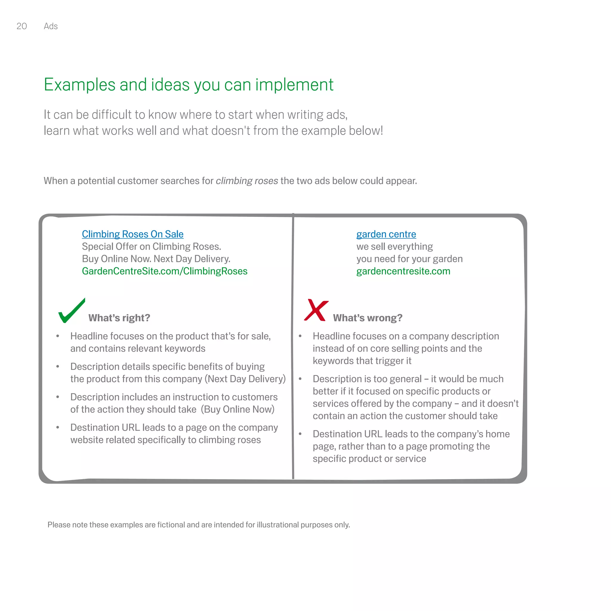 20   Ads




     Examples and ideas you can implement
     It can be difficult to know where to start when writing ads,
     learn what works well and what doesn't from the example below!


     When a potential customer searches for climbing roses the two ads below could appear.




               Climbing Roses On Sale                                                              garden centre
               Special Offer on Climbing Roses.                                                    we sell everything 
               Buy Online Now. Next Day Delivery.                                                  you need for your garden
               GardenCentreSite.com/ClimbingRoses                                                  gardencentresite.com



                 What’s right?                                                            What’s wrong?
       •	 Headline focuses on the product that’s for sale,                      •	 Headline focuses on a company description
          and contains relevant keywords                                           instead of on core selling points and the
                                                                                   keywords that trigger it
       •	 Description details specific benefits of buying
          the product from this company (Next Day Delivery)                     •	 Description is too general – it would be much
                                                                                   better if it focused on specific products or
       •	 Description includes an instruction to customers
                                                                                   services offered by the company – and it doesn’t
          of the action they should take (Buy Online Now)
                                                                                   contain an action the customer should take
       •	 Destination URL leads to a page on the company
                                                                                •	 Destination URL leads to the company’s home
          website related specifically to climbing roses
                                                                                   page, rather than to a page promoting the
                                                                                   specific product or service




     Please note these examples are fictional and are intended for illustrational purposes only.
 