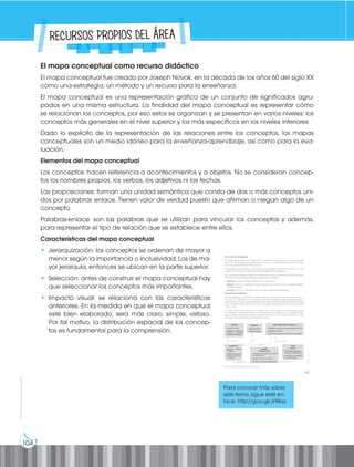 Prohibida
su
reproducción
104
El mapa conceptual como recurso didáctico
El mapa conceptual fue creado por Joseph Novak, en la década de los años 60 del siglo XX
como una estrategia, un método y un recurso para la enseñanza.
El mapa conceptual es una representación gráfica de un conjunto de significados agru-
pados en una misma estructura. La finalidad del mapa conceptual es representar cómo
se relacionan los conceptos, por eso estos se organizan y se presentan en varios niveles: los
conceptos más generales en el nivel superior y los más específicos en los niveles inferiores
Dado lo explícito de la representación de las relaciones entre los conceptos, los mapas
conceptuales son un medio idóneo para la enseñanza-aprendizaje, así como para la eva-
luación.
Elementos del mapa conceptual
Los conceptos: hacen referencia a acontecimientos y a objetos. No se consideran concep-
tos los nombres propios, los verbos, los adjetivos ni las fechas.
Las proposiciones: forman una unidad semántica que consta de dos o más conceptos uni-
dos por palabras enlace. Tienen valor de verdad puesto que afirman o niegan algo de un
concepto.
Palabras-enlace: son las palabras que se utilizan para vincular los conceptos y además,
para representar el tipo de relación que se establece entre ellos.
Características del mapa conceptual
• Jerarquización: los conceptos se ordenan de mayor a
menor según la importancia o inclusividad. Los de ma-
yor jerarquía, entonces se ubican en la parte superior.
• Selección: antes de construir el mapa conceptual hay
que seleccionar los conceptos más importantes.
• Impacto visual: se relaciona con las características
anteriores. En la medida en que el mapa conceptual
esté bien elaborado, será más claro, simple, vistoso.
Por tal motivo, la distribución espacial de los concep-
tos es fundamental para la comprensión.
Para conocer más sobre
este tema, sigue este en-
lace: http://goo.gl/Jr94ax
RECURSOS PROPIOS DEL ÁREA
 