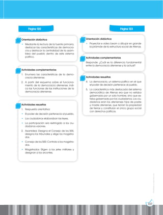 107
Prohibida
su
reproducción
Orientación didáctica
• Mediante la lectura de la fuente primaria,
destacar las características de democra-
cia y destacar la centralidad de la asam-
blea del pueblo dentro de este sistema
político.
Orientación didáctica
• Proyectar e video beam o dibujar en grande
la pirámide de la estructura social de Atenas.
Actividades complementarias
1. Enumera las características de la demo-
cracia ateniense.
2. A partir del esquema sobre el funciona-
miento de la democracia ateniense, indi-
ca las funciones de las instituciones de la
democracia ateniense.
Actividades complementarias
Responde: ¿Cuál es la diferencia fundamental
entre la democracia ateniense y la actual?
Actividades resueltas
1. Respuesta orientativa:
• El poder de decisión pertenecía al pueblo.
• Los ciudadanos elaboraban las leyes.
• La participación era restringida a los ciu-
dadanos varones.
2. Asamblea: Designa el Consejo de los 500,
designa los tribunales y elige los magistra-
dos.
• Consejo de los 500: Controla a los magistra-
dos.
• Magistrados: Eligen a los jefes militares y
designan a los arcontes.
Actividades resueltas
4. La democracia, un sistema político en el que
el poder de decisión pertenece al pueblo.
5. La característica más destacada del sistema
democrático de Atenas era que no estaba
gobernada por un solo hombre, sino que es-
taba gobernada por los ciudadanos. Los ciu-
dadanos eran los atenienses hijos de padre
y madre ateniense, que tenían la propiedad
de tierras y constituían el único grupo social
con derechos políticos.
Página 120 Página 123
 