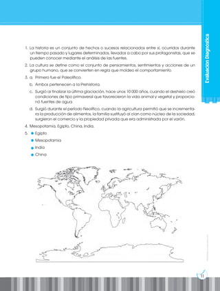 11
Prohibida
su
reproducción
1. La historia es un conjunto de hechos o sucesos relacionados entre sí, ocurridos durante
un tiempo pasado y lugares determinados, llevados a cabo por sus protagonistas, que se
pueden conocer mediante el análisis de las fuentes.
2. La cultura se define como el conjunto de pensamientos, sentimientos y acciones de un
grupo humano, que se convierten en regla que moldeo el comportamiento.
3. a. Primero fue el Paleolítico.
b. Ambos pertenecen a la Prehistoria.
c. Surgió al finalizar la última glaciación, hace unos 10 000 años, cuando el deshielo creó
condiciones de tipo primaveral que favorecieron la vida animal y vegetal y proporcio-
nó fuentes de agua.
d. Surgió durante el período Neolítico, cuando la agricultura permitió que se incrementa-
ra la producción de alimentos, la familia sustituyó al clan como núcleo de la sociedad,
surgieron el comercio y la propiedad privada que era administrada por el varón.
4. Mesopotamia, Egipto, China, India.
5.		 Egipto
		 Mesopotamia
		 India
		 China
Evaluación
Diagnóstica
 