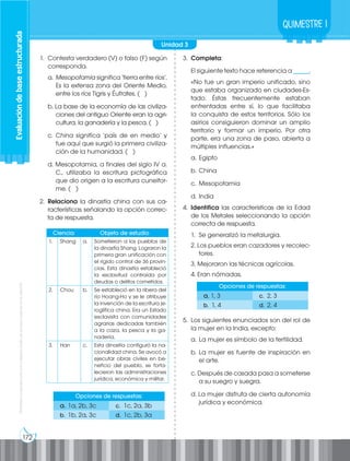 Prohibida
su
reproducción
por
cualquier
medio
sin
permiso
explícito
de
la
editorial.
172
Evaluación
de
base
estructurada
Quimestre 1
1. Contesta verdadero (V) o falso (F) según
corresponda.
a. Mesopotamia significa ‘tierra entre ríos’.
Es la extensa zona del Oriente Medio,
entre los ríos Tigris y Éufrates. ( )
b. La base de la economía de las civiliza-
ciones del antiguo Oriente eran la agri-
cultura, la ganadería y la pesca. ( )
c. China significa ‘país de en medio’ y
fue aquí que surgió la primera civiliza-
ción de la humanidad. ( )
d. Mesopotamia, a finales del siglo IV a.
C., utilizaba la escritura pictográfica
que dio origen a la escritura cuneifor-
me. ( )
2. Relaciona la dinastía china con sus ca-
racterísticas señalando la opción correc-
ta de respuesta.
3. Completa:
El siguiente texto hace referencia a _____.
«No fue un gran imperio unificado, sino
que estaba organizado en ciudades-Es-
tado. Éstas frecuentemente estaban
enfrentadas entre sí, lo que facilitaba
la conquista de estos territorios. Sólo los
asirios consiguieron dominar un amplio
territorio y formar un imperio. Por otra
parte, era una zona de paso, abierta a
múltiples influencias.»
a. Egipto
b. China
c. Mesopotamia
d. India
4. Identifica las características de la Edad
de los Metales seleccionando la opción
correcta de respuesta.
1. Se generalizó la metalurgia.
2. Los pueblos eran cazadores y recolec-
tores.
3. Mejoraron las técnicas agrícolas.
4. Eran nómadas.
5. Los siguientes enunciados son del rol de
la mujer en la India, excepto:
a. La mujer es símbolo de la fertilidad.
b. La mujer es fuente de inspiración en
el arte.
c. Después de casada pasa a someterse
a su suegro y suegra.
d. La mujer disfruta de cierta autonomía
jurídica y económica.
Opciones de respuestas:
a. 1a, 2b, 3c c. 1c, 2a, 3b
b. 1b, 2a, 3c d. 1c, 2b, 3a
Opciones de respuestas:
a. 1, 3 c. 2, 3
b. 1, 4 d. 2, 4
Ciencia Objeto de estudio
1. Shang a. Sometieron a los pueblos de
la dinastía Shang. Lograron la
primera gran unificación con
el rígido control de 36 provin-
cias. Esta dinastía estableció
la esclavitud contraída por
deudas o delitos cometidos.
2. Chou b. Se estableció en la ribera del
río Hoang-Ho y se le atribuye
la invención de la escritura je-
roglífica china. Era un Estado
esclavista con comunidades
agrarias dedicadas también
a la caza, la pesca y la ga-
nadería.
3. Han c. Esta dinastía configuró la na-
cionalidad china. Se avocó a
ejecutar obras civiles en be-
neficio del pueblo, se forta-
lecieron las administraciones
jurídica, económica y militar.
Unidad 3
 