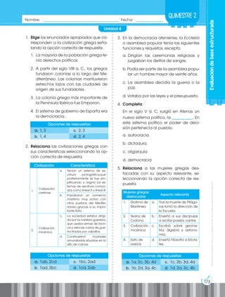 Prohibida
su
reproducción
por
cualquier
medio
sin
permiso
explícito
de
la
editorial.
173
Evaluación
de
base
estructurada
Nombre: _____________________________________ Fecha: _____________
Quimestre2
1. Elige los enunciados apropiados que co-
rresponden a la civilización griega seña-
lando la opción correcta de respuesta.
1. La mayoría de la población griega te-
nía derechos políticos.
2. A partir del siglo VIII a. C., los griegos
fundaron colonias a lo largo del Me-
diterráneo. Las colonias mantuvieron
estrechos lazos con las ciudades de
origen de sus fundadores.
3. La colonia griega más importante de
la Península Ibérica fue Emporion.
4. El sistema de gobierno de Esparta era
la democracia.
2. Relaciona las civilizaciones griegas con
sus características seleccionando la op-
ción correcta de respuesta.
3. En la democracia ateniense, la Ecclesía
o asamblea popular tenía las siguientes
funciones y requisitos, excepto:
a. Dirigían las ceremonias religiosas y
juzgaban los delitos de sangre.
b. Podía ser parte de la asamblea popu-
lar un hombre mayor de veinte años.
c. La asamblea decidía la guerra o la
paz.
d. Votaba por las leyes y el presupuesto.
4. Completa:
En el siglo V a. C, surgió en Atenas un
nuevo sistema político, la __________. En
este sistema político el poder de deci-
sión pertenecía al pueblo.
a. autocracia
b. dictadura.
c. oligarquía
d. democracia
5. Relaciona a las mujeres griegas des-
tacadas con su aspecto relevante, se-
leccionando la opción correcta de res-
puesta.
Opciones de respuestas:
a. 1, 3 c. 2, 3
b. 1, 4 d. 2, 4
Opciones de respuestas:
a. 1ab, 2cd c. 1bc, 2ad
b. 1ad, 2bc d. 1cd, 2ab
Opciones de respuestas:
a. 1a, 2c, 3b, 4d c. 1c, 2b, 3d, 4a
b. 1b, 2d, 3a, 4c d. 1d, 2a, 3c, 4b
Civilización Característica
1.
Civilización
cretense
a. Tenían un sistema de es-
critura pictográfica,que
posteriormente se fue sim-
plificando y originó los sis-
temas de escritura conoci-
dos como lineal A y lineal B.
b. Impulsaron un comercio
marítimo muy activo con
otros pueblos del Medite-
rráneo gracias a su impor-
tante flota.
2.
Civilización
micénica
c. La sociedad estaba dirigi-
da por la nobleza guerrera,
que usaba armas de bron-
ce y veloces carros de gue-
rra tirados por caballos.
d. Construyeron ciudades
amuralladas situadas en lo
alto de colinas.
Mujeres griegas
destacadas
Aspecto relevante
1. Diotima de
Mantinea
a. Tras la muerte de Pitágo-
ras tomó la dirección de
la Escuela.
2. Teano de
Crotona
b. Enseñó a sus discípulas
a recitar poseía, cantar.
3. Civilización
micénica
c. Escribió sobre geome-
tría, álgebra y astrono-
mía,
4. Safo de
Lesbos
d. Enseñó Filosofía a Sócra-
tes.
Unidad 4
 