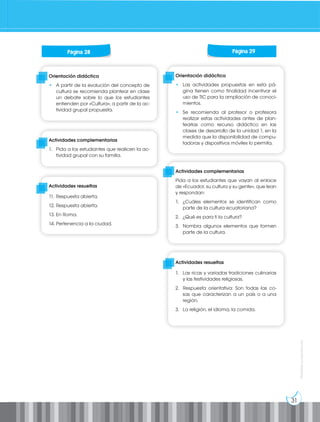 31
Prohibida
su
reproducción
Orientación didáctica
• A partir de la evolución del concepto de
cultura se recomienda plantear en clase
un debate sobre lo que los estudiantes
entienden por «Cultura», a partir de la ac-
tividad grupal propuesta.
Orientación didáctica
• Las actividades propuestas en esta pá-
gina tienen como finalidad incentivar el
uso de TIC para la ampliación de conoci-
mientos.
• Se recomienda al profesor o profesora
realizar estas actividades antes de plan-
tearlas como recurso didáctico en las
clases de desarrollo de la unidad 1, en la
medida que la disponibilidad de compu-
tadoras y dispositivos móviles lo permita.
Actividades complementarias
1. Pida a los estudiantes que realicen la ac-
tividad grupal con su familia.
Actividades complementarias
Pida a los estudiantes que vayan al enlace
de «Ecuador, su cultura y su gente», que lean
y respondan:
1. ¿Cuáles elementos se identifican como
parte de la cultura ecuatoriana?
2. ¿Qué es para ti la cultura?
3. Nombra algunos elementos que formen
parte de la cultura.
Actividades resueltas
11. Respuesta abierta.
12. Respuesta abierta.
13. En Roma.
14. Pertenencia a la ciudad.
Actividades resueltas
1. Las ricas y variadas tradiciones culinarias
y las festividades religiosas.
2. Respuesta orientativa: Son todas las co-
sas que caracterizan a un país o a una
región.
3. La religión, el idioma, la comida.
Página 28 Página 29
 