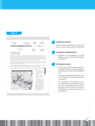 Prohibida
su
reproducción
7
Actividades complementarias
1. Pregunte a los estudiantes: ¿La Edad
Media se ubica dentro de la Prehistoria
o la Historia?
Actividades resueltas
1. La línea que divide el Imperio de Orien-
te del de Occidente discurre desde Eu-
ropa hasta África por el Mar Mediterrá-
neo.
En la Época Medieval, el Imperio roma-
no de Oriente fue denominado Impe-
rio bizantino.
Los visigodos se encontraban en lo
que actualmente es Portugal, España,
y Francia. Los ostrogodos, en las actua-
les Italia y Suiza. Los francos en la ac-
tual Alemania. Los sajones en la actual
Gran Bretaña.
Orientación didáctica
Utilice la línea del tiempo en clase para
hacer un repaso de los períodos históricos.
Página 11
 