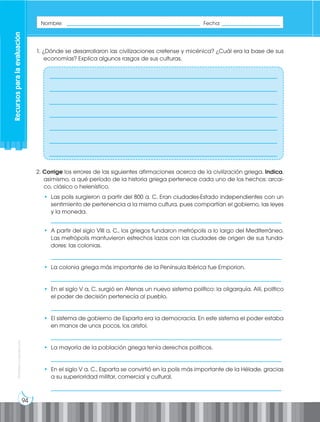94
Prohibida
su
reproducción
Nombre: ______________________________________________ Fecha: ____________________
1. ¿Dónde se desarrollaron las civilizaciones cretense y micénica? ¿Cuál era la base de sus
economías? Explica algunos rasgos de sus culturas.
2. Corrige los errores de las siguientes afirmaciones acerca de la civilización griega. Indica,
asimismo, a qué período de la historia griega pertenece cada uno de los hechos: arcai-
co, clásico o helenístico.
• Las polis surgieron a partir del 800 a. C. Eran ciudades-Estado independientes con un
sentimiento de pertenencia a la misma cultura, pues compartían el gobierno, las leyes
y la moneda.
________________________________________________________________________________
• A partir del siglo VIII a. C., los griegos fundaron metrópolis a lo largo del Mediterráneo.
Las metrópolis mantuvieron estrechos lazos con las ciudades de origen de sus funda-
dores: las colonias.
________________________________________________________________________________
• La colonia griega más importante de la Península Ibérica fue Emporion.
________________________________________________________________________________
• En el siglo V a, C. surgió en Atenas un nuevo sistema político: la oligarquía. Allí, político
el poder de decisión pertenecía al pueblo.
________________________________________________________________________________
• El sistema de gobierno de Esparta era la democracia. En este sistema el poder estaba
en manos de unos pocos, los aristoi.
________________________________________________________________________________
• La mayoría de la población griega tenía derechos políticos.
________________________________________________________________________________
• En el siglo V a. C., Esparta se convirtió en la polis más importante de la Hélade, gracias
a su superioridad militar, comercial y cultural.
________________________________________________________________________________
_______________________________________________________________________________
_______________________________________________________________________________
_______________________________________________________________________________
_______________________________________________________________________________
_______________________________________________________________________________
_______________________________________________________________________________
_______________________________________________________________________________
Recursos
para
la
evaluación
 
