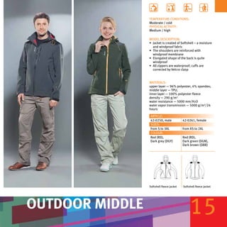 TEMPERATURE CONDITIONS:
                 Moderate / cold
                 PHYSICAL ACTIVITY:
                 Medium / high

                 MODEL DESCRIPTION:
                 •	 Jacket is created of Softshell – a moisture
                    and windproof fabric
                 •	 The shoulders are reinforced with
                    windproof membrane
                 •	 Elongated shape of the back is quite
                    windproof
                 •	 All zippers are waterproof; cuffs are
                    corrected by Velcro clasp


                 MATERIALS:
                 upper layer — 96% polyester, 4% spandex;
                 middle layer — TPU;
                 inner layer — 100% polyester fleece
                 density — 290 g/m²
                 water resistance — 5000 mm/H2O
                 water vapor transmission — 5000 g/m²/24
                 hours

                  ARTICLE:
                  42-0250, male            42-0261, female
                  SIZES:
                  from S to 3XL            from XS to 2XL
                  COLOUR:
                  Red (RD),                Red (RD),
                  Dark grey (DGY)          Dark green (DGN),
                                           Dark brown (DBR)




                 Softshell fleece jacket   Softshell fleece jacket




OUTDOOR MIDDLE                                  15
 