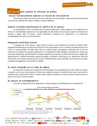 4.3. Claves para mejorar la eficacia en mobile

3.    Incluir herramientas de medición en función de los objetivos
             Como hemos visto en los puntos anteriores, podremos ser más eficaces si seleccionamos correctamente
     el proceso de medición que mejor se adapte a nuestros objetivos.


4. Adaptar formatos publicitarios al objetivo de la campaña
          La creatividad es vital en la eficacia de la campaña publicitaria, y debe adaptarse a los objetivos de la
   misma. Es recomendable apoyarse en las capacidades de interacción del canal para superar las barreras de
   entrada y añadir valor al usuario, usando información contextual (ej. localización) o las diferentes
   funcionalidades del móvil en la comunicación.


5. Engagement marketing channel
           En palabras de Tomi Ahonen, según Forbes la persona más influyente del mundo en Mobile 2012,
   Engagement Marketing es el proceso de involucrar a los consumidores en la co-creación de experiencias con la
   marca. El usuario percibe el medio móvil como un medio privado, participativo y divertido, que le permite
   interactuar con diferentes soportes publicitarios. La creatividad y el valor añadido se convierten en claves para
   una buena efectividad, aprovechando las ventajas específicas que ofrecen los diferentes formatos: códigos QR,
   geolocalización, realidad aumentada, pasarela de pagos, contenidos, mCommerce, etc. Aprovechar toda esta
   información, para ofrecer experiencias de usuario contextualizadas y personalizadas, permite generar grandes
   campañas de engagement con grandes resultados.


6. El móvil integrado con el resto de medios
           Es importante resaltar que el análisis de la efectividad de una campaña debe de cubrir todos los canales
   y soportes en los que esté presente, de forma que podamos evaluar el rendimiento de cada uno de ellos y
   entender cómo interaccionan entre sí, cuáles arrojan mejores resultados, así como el reach incremental que se
   alcanza con cada uno de los medios.

7. El usuario es multidispositivo
        El usuario ya dispone de varios dispositivos, utilizando algunos simultáneamente a lo largo del día:

                                             Fuente: Estudio Anual Mobile 2012 IAB SPAIN




                                                               12
 