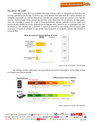 9. Web móvil vs. Apps
           Suele existir la duda de si una campaña móvil debe enfocarse más a la navegación por internet o a la
  creación y promoción de una App. Lo cierto es que, como siempre, todo dependerá de nuestros objetivos. Las
  campañas relacionadas con Internet móvil buscan extender una campaña online para alcanzar a más tipos de
  usuarios, implementando ciertas ventajas que permiten estos dispositivos. Por el contrario, las Apps suelen
  estar más orientadas al usuario fiel, o que al menos pretendemos fidelizar, mediante el acceso rápido a un
  servicio de valor añadido recurrente. La eficacia de una App, por tanto, no está en ser un canal digital más, sino
  en ofrecer un valor añadido real y constante al usuario. Si observamos qué método utiliza el usuario para
  conectarse a Internet, el resultado es que accede mayoritariamente al navegador, aunque sube también el
  acceso vía App:




                                                                             Fuente: Estudio Anual Mobile 2012 IAB SPAIN


         Sin embargo, también observamos que hay tendencia del usuario a descargarse muchas Apps, aunque
  su consumo recurrente es variable:




                                                                             Fuente: Estudio Anual Mobile 2012 IAB SPAIN




                                                         14
 